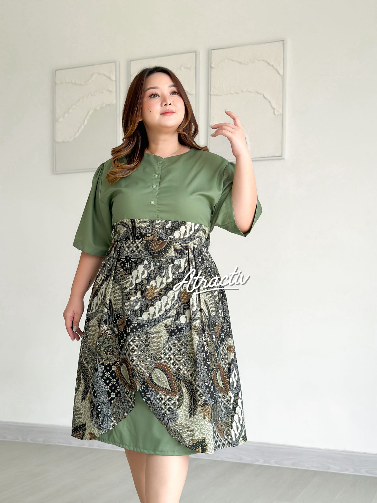 Dress Batik Lengan Pendek Nareswari Sage ATRACTIV - Atractiv Big Size Label