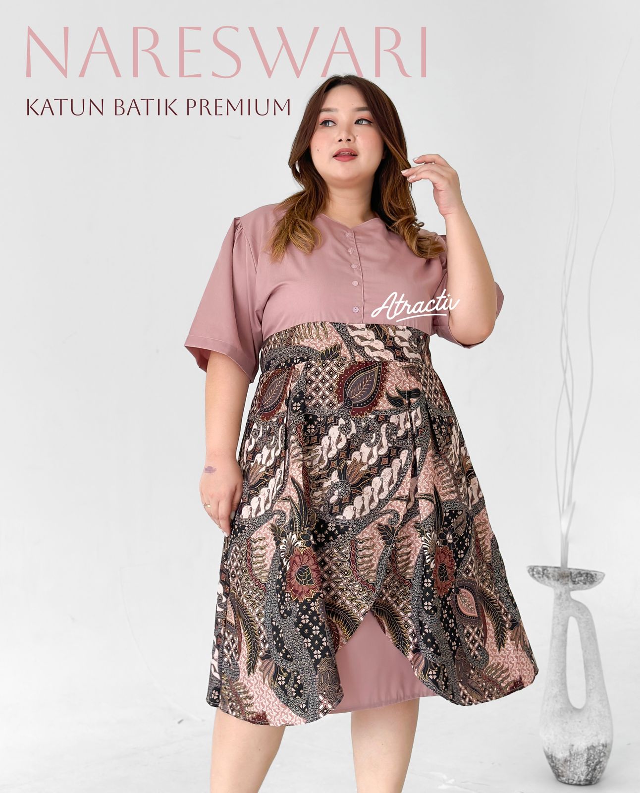 Dress Batik Lengan Pendek Nareswari Pink ATRACTIV - Atractiv Big Size Label