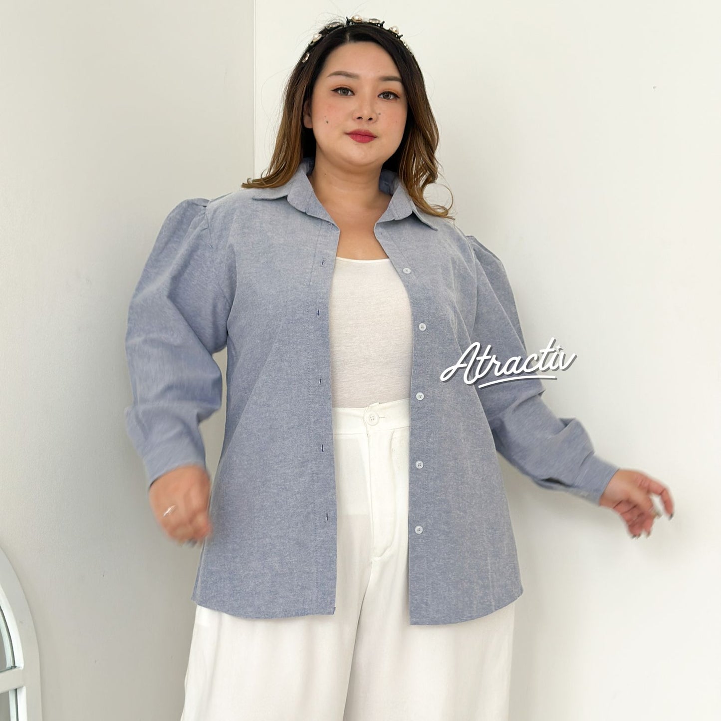 Kemeja Lengan Puff Oxford Navy ATRACTIV