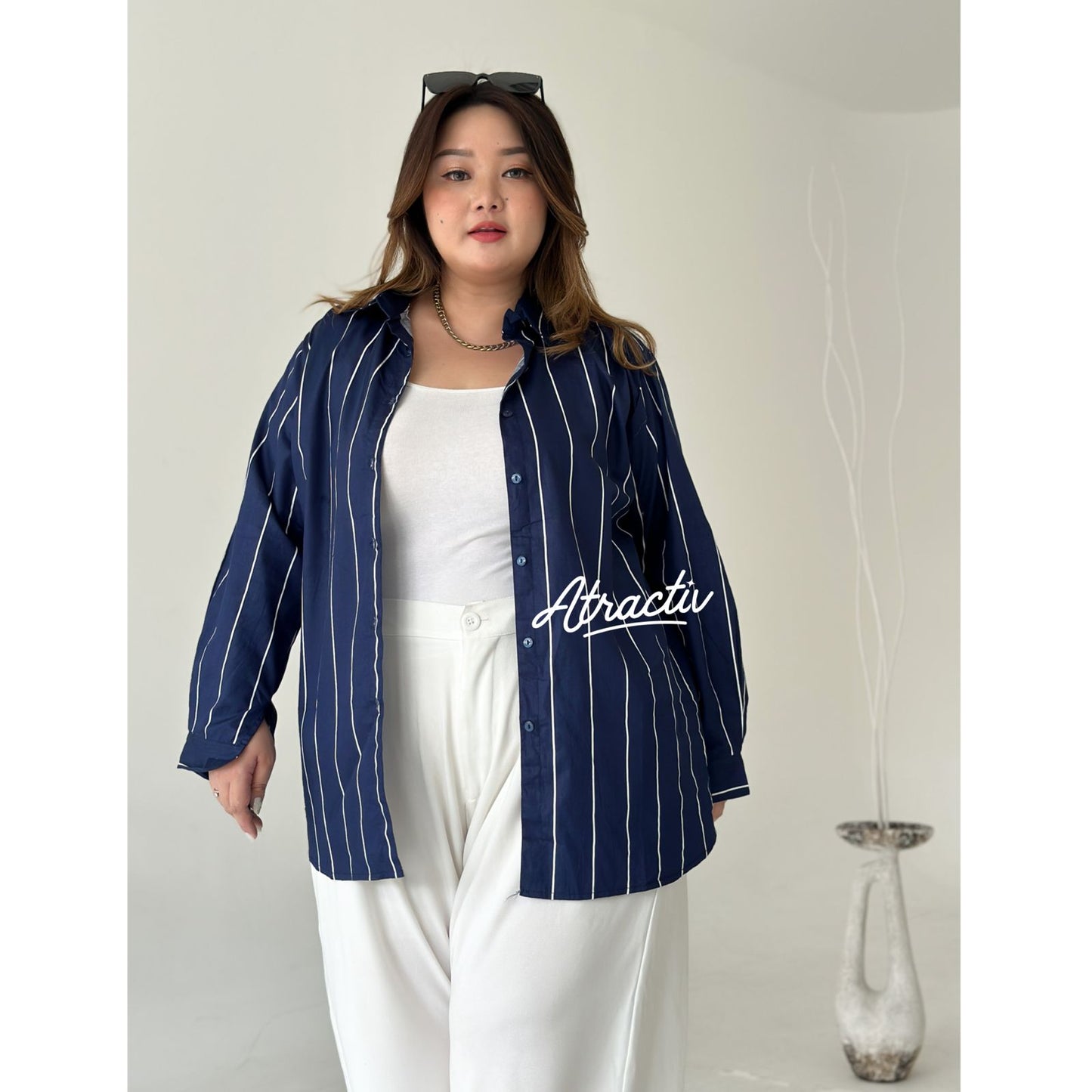 Kemeja Stripe Panjang Navy ATRACTIV