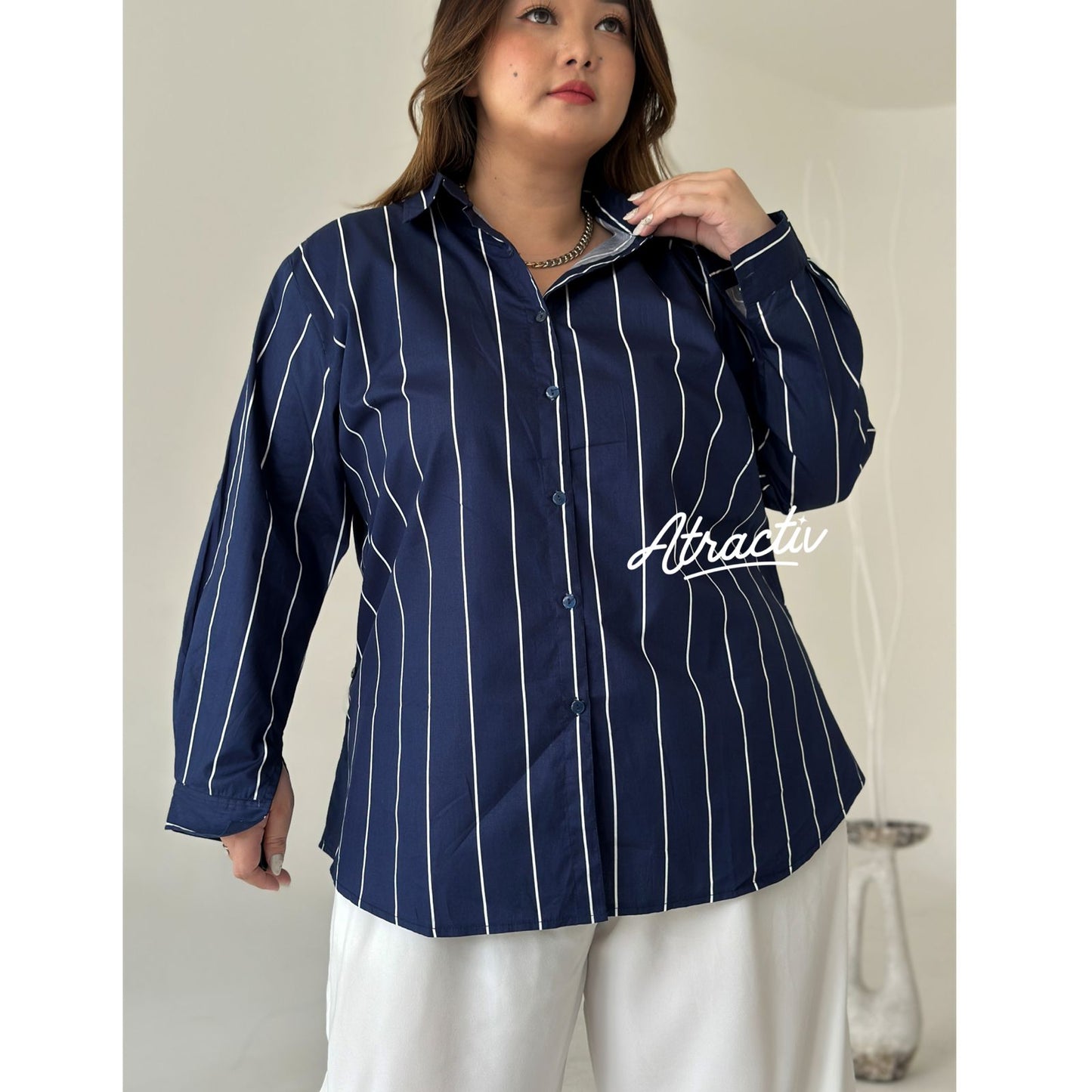 Kemeja Stripe Panjang Navy ATRACTIV