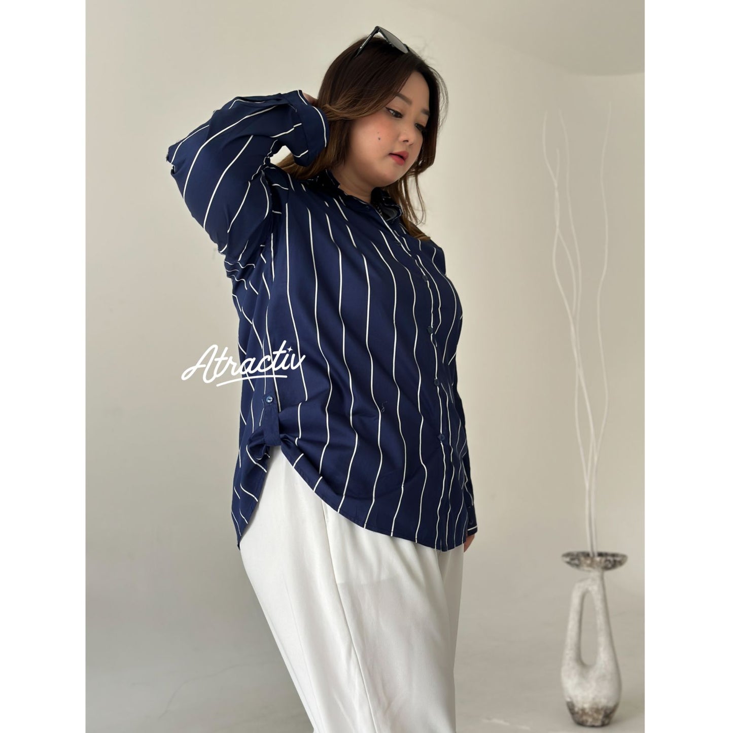 Kemeja Stripe Panjang Navy ATRACTIV