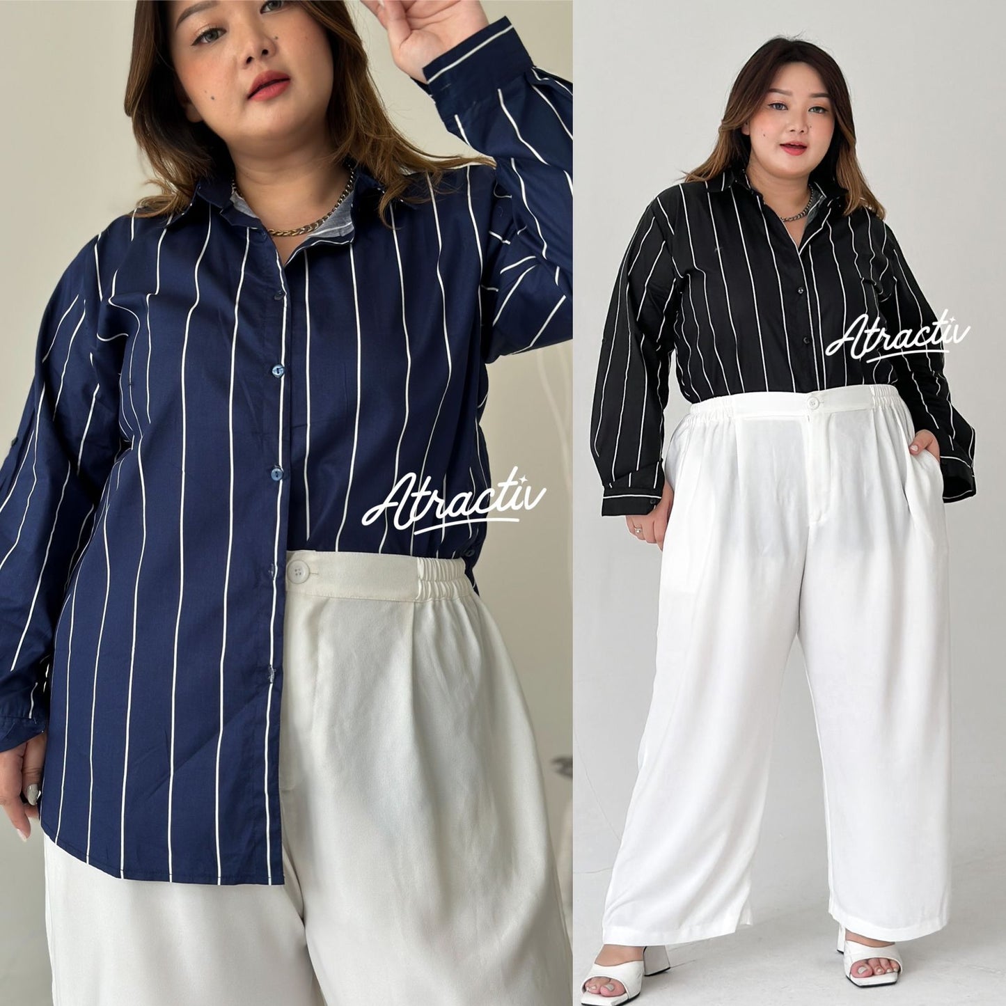 Kemeja Motif Salur Stripe Lengan Panjang Atractiv