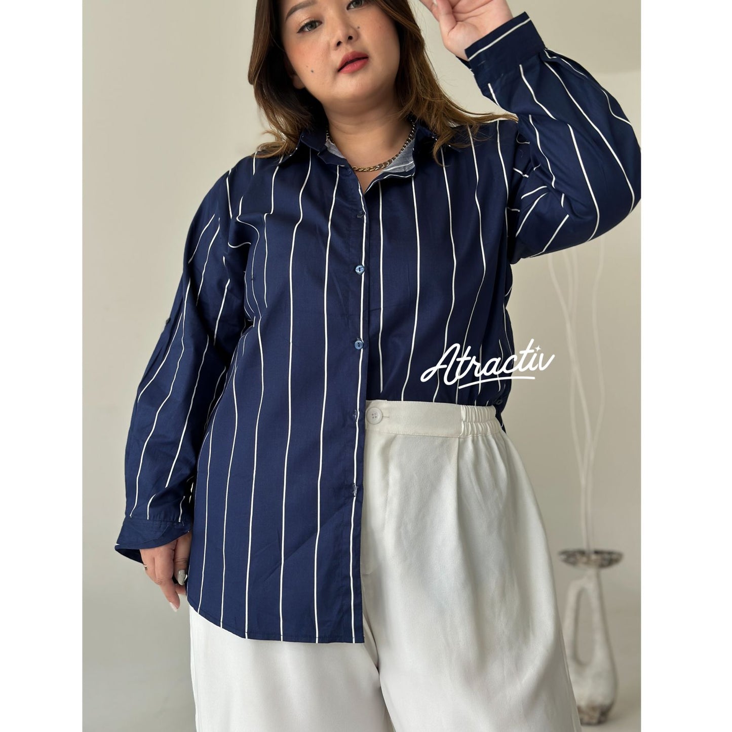 Kemeja Motif Salur Stripe Lengan Panjang Atractiv